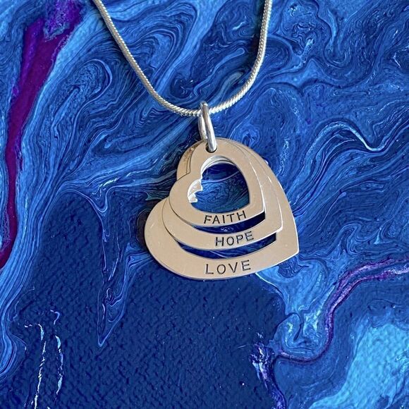 Faith Love Hope Sterling Silver Heart Pendant - Picture 1 of 6